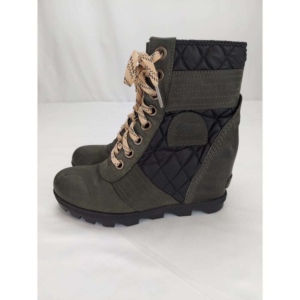 Sorel Womens Lexie Wedge Green Slate Bootie Quilted Lug Sole Leather 7